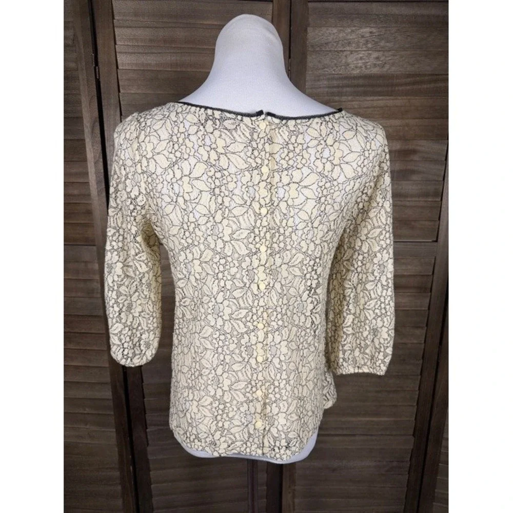 Ann Taylor LOFT Petites Floral Lace Blouse Cream Black 3/4 Sleeve SP Button Back